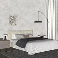 Modern Double Bed with Upholstered Headboard Nightstands Table Lamp and Wall Art