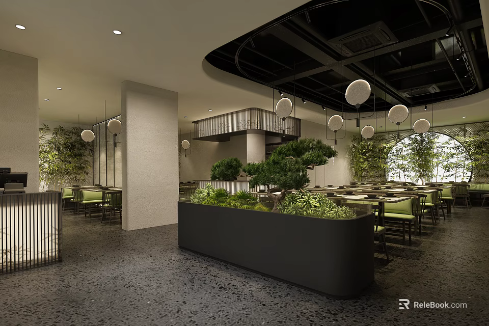 Modern Restaurant Interior With Open Layout Green Plants And Round Pendant Lights 3d model 