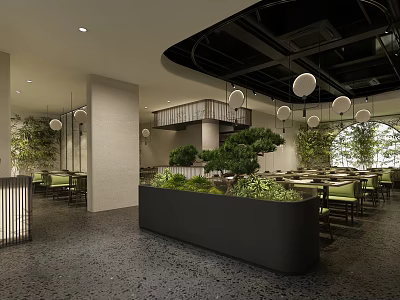 Modern Restaurant Interior With Open Layout Green Plants And Round Pendant Lights 3d model