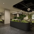 Modern Restaurant Interior With Open Layout Green Plants And Round Pendant Lights