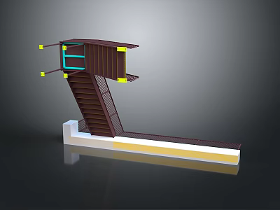 Modern Architectural Model With Wooden Staircase Elevated Platform Glass Railings And Support Structure 3d model