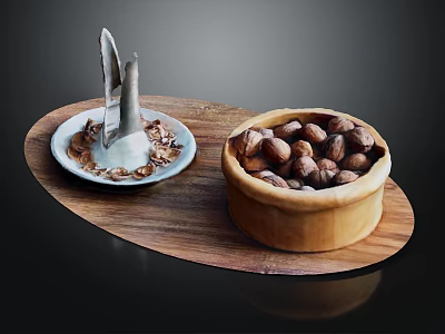 Wooden Tray With Ceramic Plate And Nut Filled Bowl For Daily Household Use 3d model