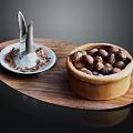 Wooden Tray With Ceramic Plate And Nut Filled Bowl For Daily Household Use