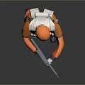 Orange Protective Suit Character With Creature Holding Handheld Equipment In Scene