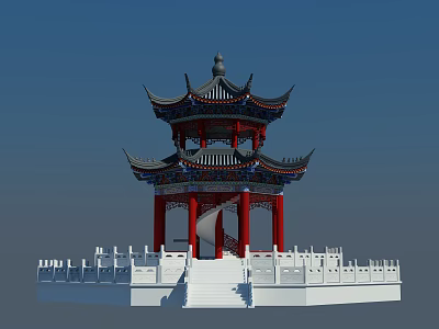 Traditional Chinese Multi tiered Pavilion With Red Pillars White Railings And Black Curved Eaves 3d model