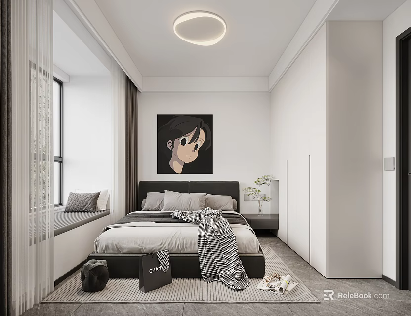 Minimalist Modern Bedroom Interior With Platform Bed Artwork Ceiling Light And Window Curtains 3d model 