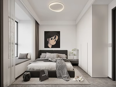 Minimalist Modern Bedroom Interior With Platform Bed Artwork Ceiling Light And Window Curtains 3d model