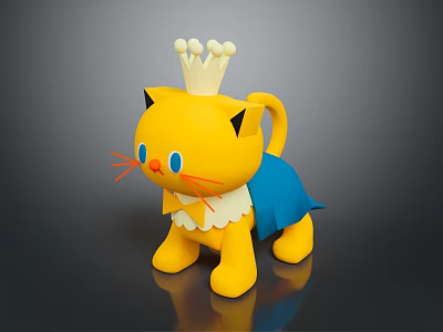 Yellow Cat Toy Figure With Crown Blue Dress Black Ears And Orange Whiskers 3d model