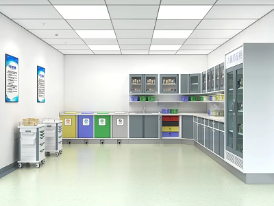 Medical Waste Disposal Room With Color Coded Bins Storage Cabinets And Medical Carts 3d model