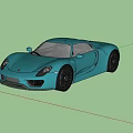 Blue Porsche Sports Car Driving Through Desert With Dust And Sunset Mountains