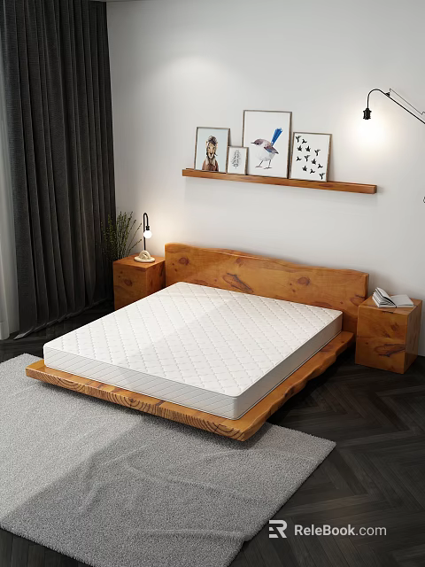 Modern Wooden Double Bed with Headboard Nightstands Wall Shelf and Decorative Paintings in Bedroom 3d model 