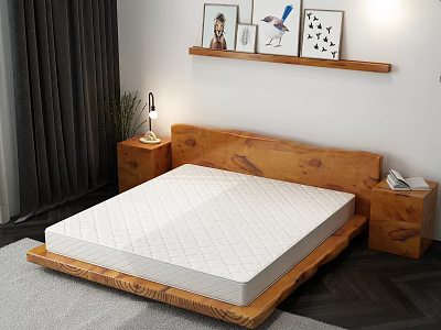 Modern Wooden Double Bed with Headboard Nightstands Wall Shelf and Decorative Paintings in Bedroom 3d model