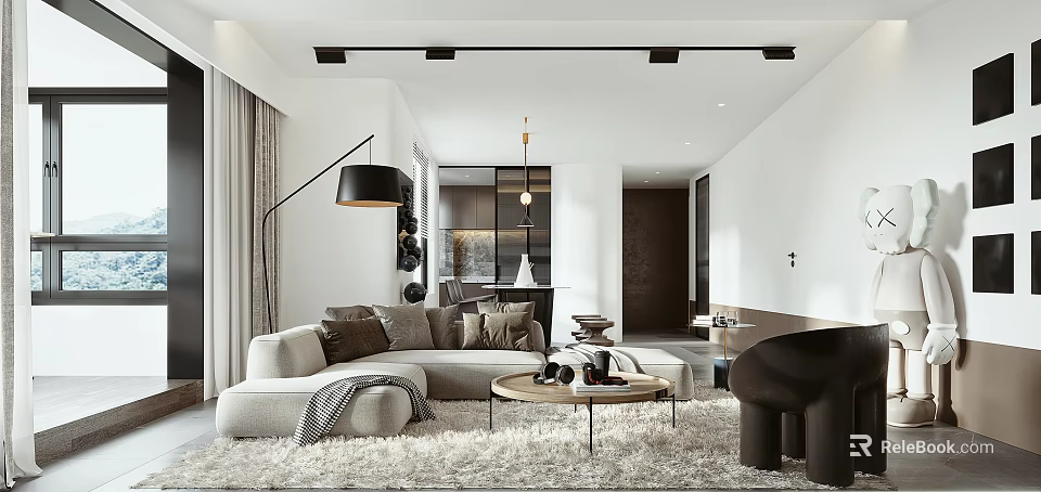 Modern Living and Dining Room Interior Design With Sofa Coffee Table And Pendant Light 3d model 
