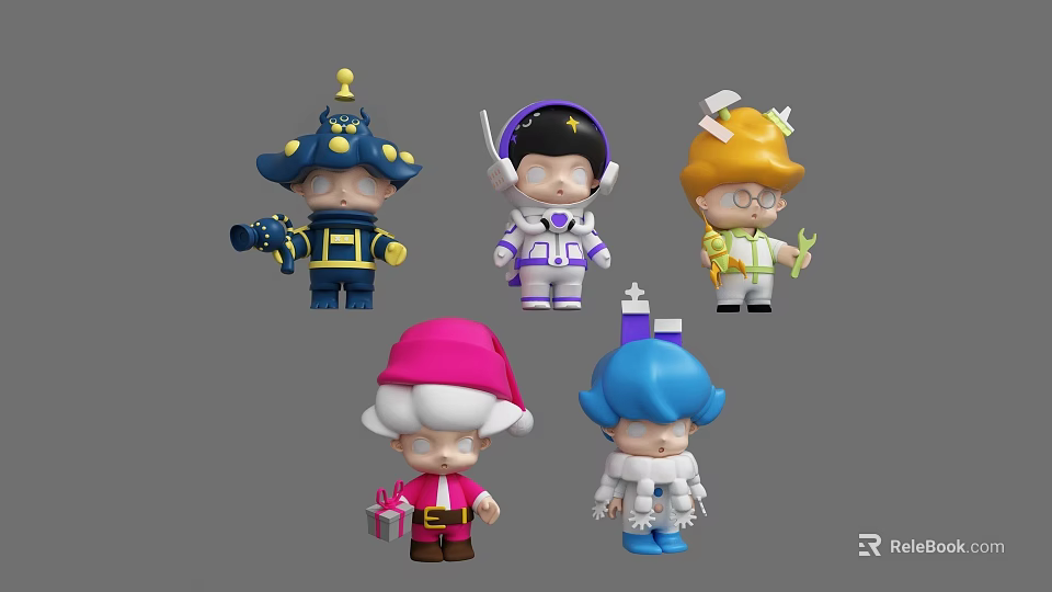 Colorful Cartoon Character Figures With Different Space Santa And Casual Costumes 3d model 