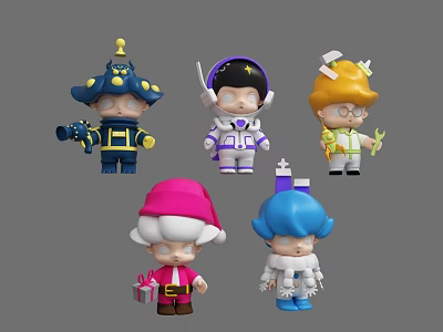 Colorful Cartoon Character Figures With Different Space Santa And Casual Costumes 3d model