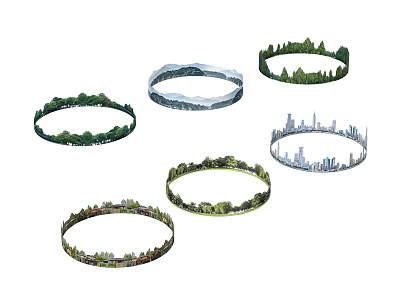Decorative Circular Scene Rings with Natural Landscapes and City Skylines Design 3d model