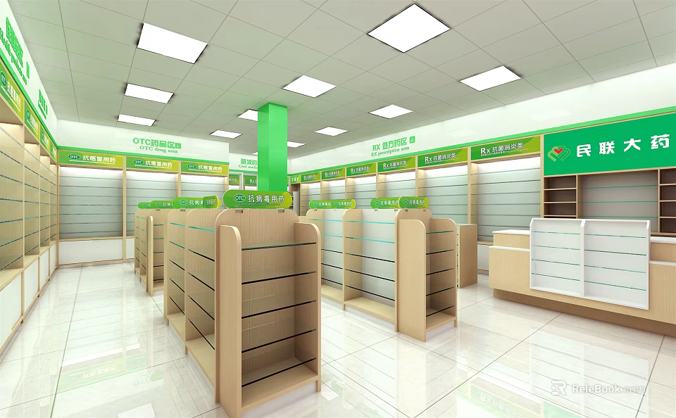 Minlian Specialty Store Clean Interior With Wooden Shelves Green Signs And Ceiling Lights 3d model 
