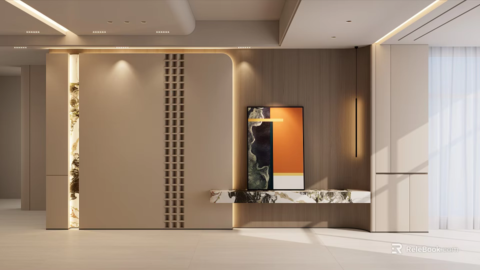 Modern Living Room Interior With Wooden Wall Decorative Painting And Marble Console Table Lighting 3d model 