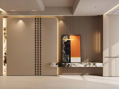 Modern Living Room Interior With Wooden Wall Decorative Painting And Marble Console Table Lighting 3d model