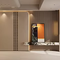 Modern Living Room Interior With Wooden Wall Decorative Painting And Marble Console Table Lighting
