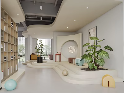 Modern Lounge Area Design With Curved Seating Green Plants And Circular Decor 3d model