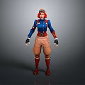 Game Movie Character With Red Helmet Goggles Blue Top Brown Shorts And Red Boots