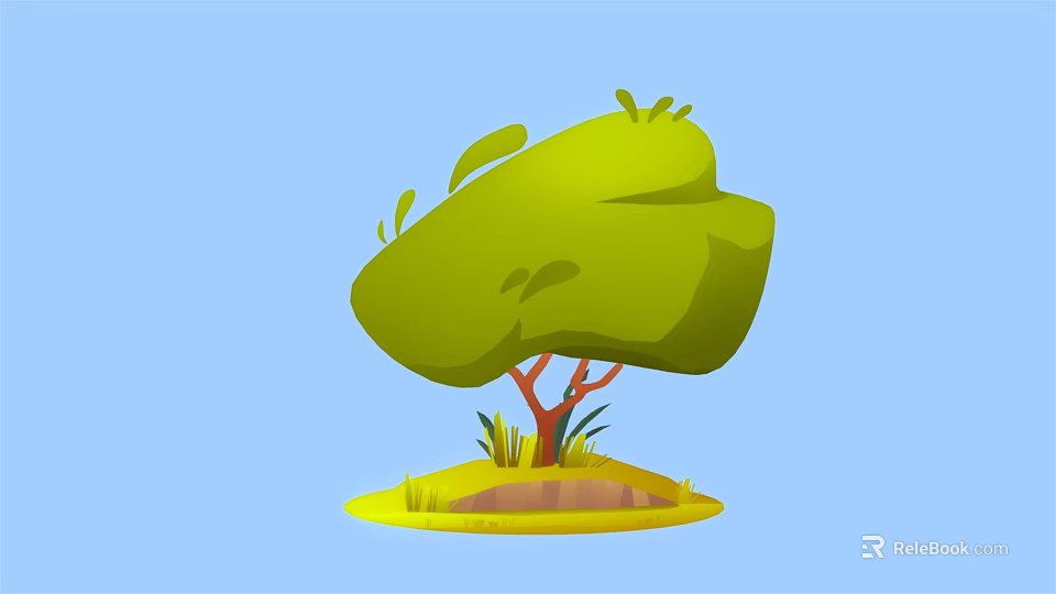 Cartoon Tree Scene With Green Canopy Brown Trunk And Grass On Blue Background 3d model 