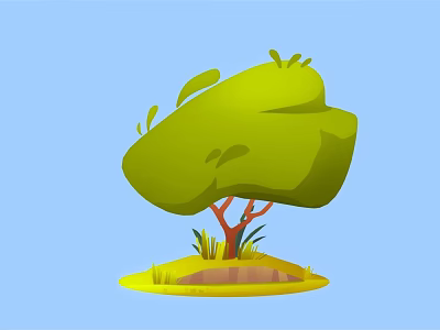 Cartoon Tree Scene With Green Canopy Brown Trunk And Grass On Blue Background 3d model
