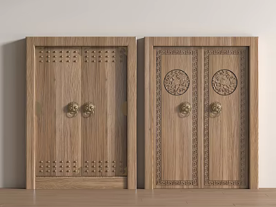 Wooden Double Doors With Carved Patterns Golden Door Knockers And Traditional Decorative Design 3d model
