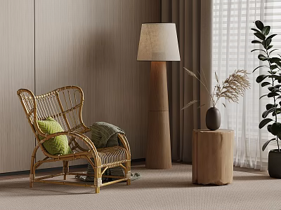 Interior With Wicker Chair Green Gray Cushions Wooden Floor Lamp Stump Table And Plants 3d model