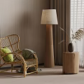 Interior With Wicker Chair Green Gray Cushions Wooden Floor Lamp Stump Table And Plants