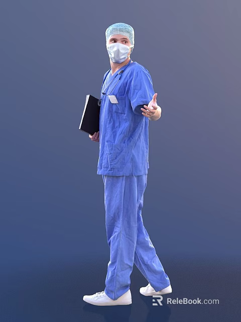 Man in blue scrubs holding black folder gesturing with hand in medical setting 3d model 