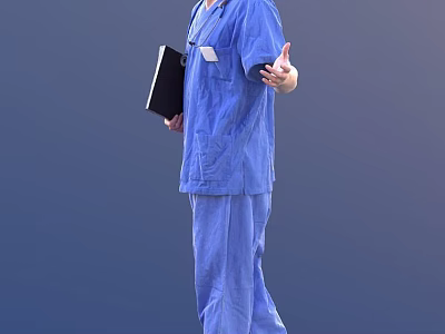 Man in blue scrubs holding black folder gesturing with hand in medical setting 3d model
