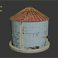 Rural Landscape With Red Roof Light Blue Silo Ladder And Rusted Details On Concrete Base