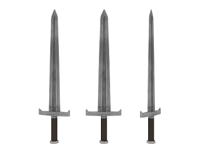 Three Ancient Metal Swords With Sharp Blades And Brown Hilts As Historical Weapons 3d model