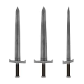 Three Ancient Metal Swords With Sharp Blades And Brown Hilts As Historical Weapons