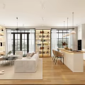 Modern Living Dining Room Interior With Large Windows White Sofa Island Counter And Wooden Floor