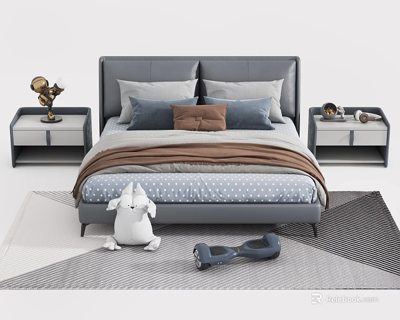 Kids Bed with Gray Headboard Blue Polka Dot Bedding Brown Blanket and White Stuffed Animal 3d model 