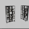 Modern Bookcases with Metal Frames Glass Doors and Shelves Holding Books Vases and Decorative Items