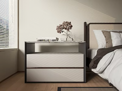 Modern Nightstand Beside Bed With Drawers and Flowers By Window with Blinds on Wooden Floor 3d model