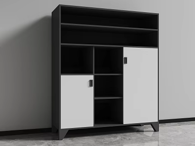 Modern Black And White Storage Cabinet With Open Shelves And Closed Doors 3d model