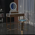 Elegant Dressing Table With Gold Frame Round Mirror Marble Countertop Drawers And Matching Stool