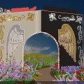 Ornate Decorative Archway With Illuminated Wings Golden Patterns And Surrounding Purple Blue Red Flowers