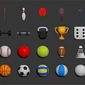 Sports Equipment Collection Including Various Balls Rackets Dumbbells Trophy And Bowling Pin