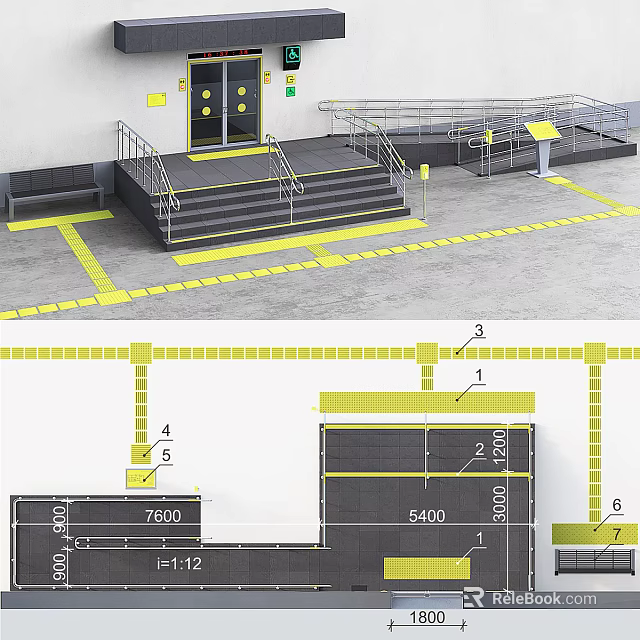 Safety Architectural Railings For Steps And Ramp With Yellow Safety Markings Layout 3d model 