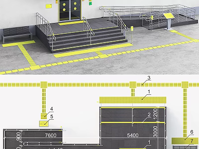 Safety Architectural Railings For Steps And Ramp With Yellow Safety Markings Layout 3d model