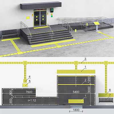 Safety Architectural Railings For Steps And Ramp With Yellow Safety Markings Layout 3d model