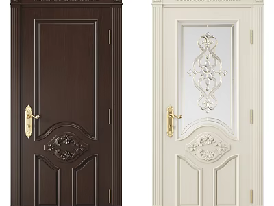 Elegant Doors In Dark Brown And White With Carvings And Golden Handles 3d model