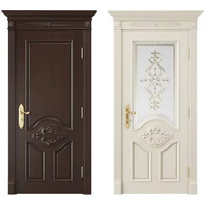 Elegant Doors In Dark Brown And White With Carvings And Golden Handles 3d model