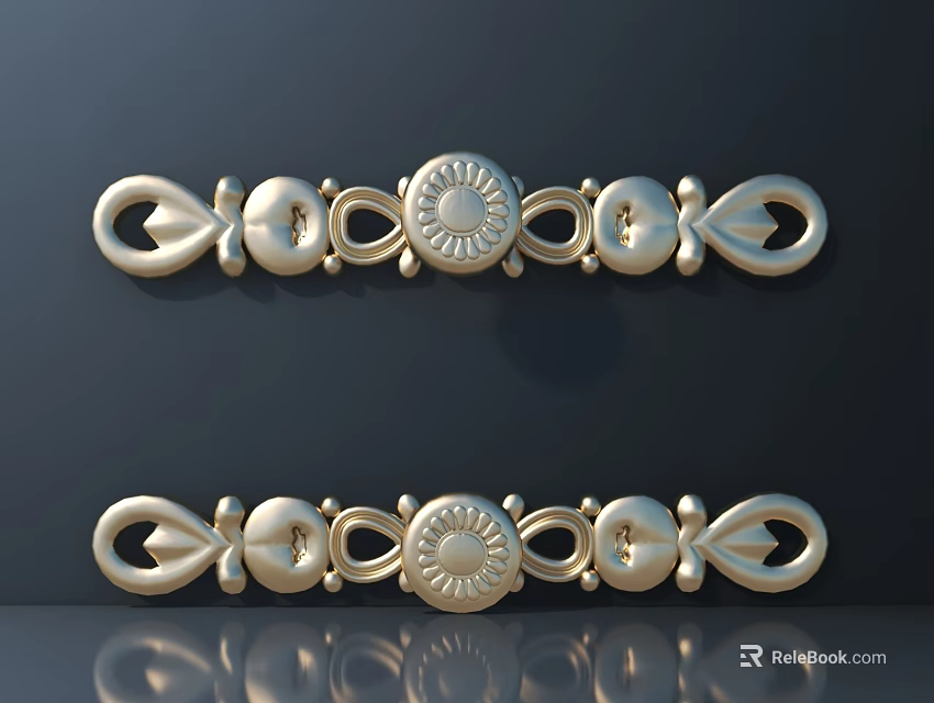 Pair of Golden Decorative Metal Fittings With Symmetrical Ornate Patterns And Circular Motifs 3d model 